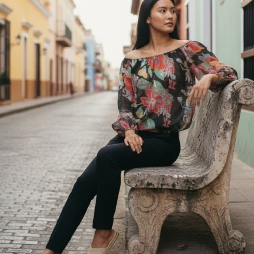 Unbranded Black Sheer Floral Balloon Sleeve Silk Top size Medium
